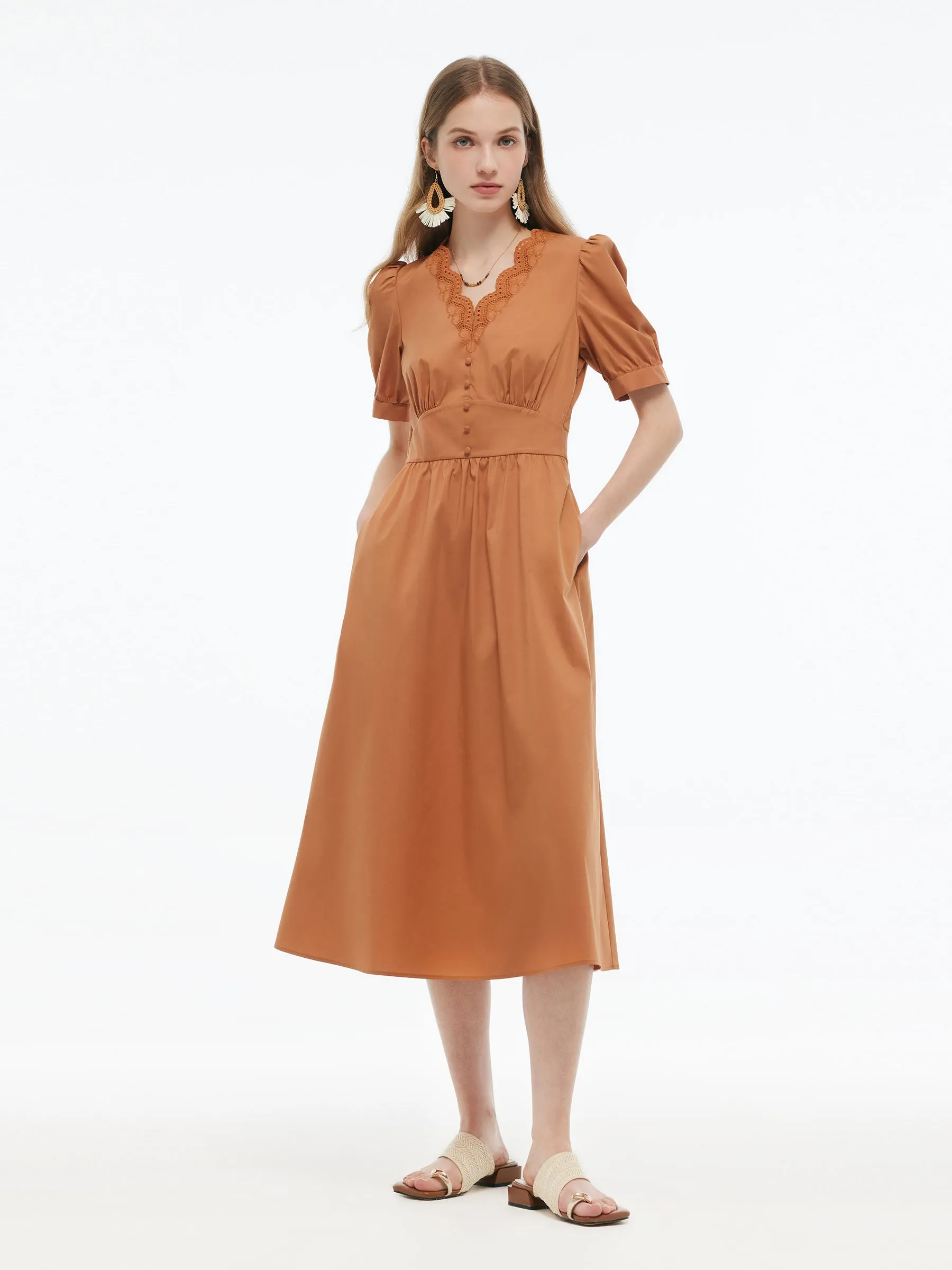 Embroidered Scallop Hem V-Neck Women Gathered Waist Maxi Dress sold by Goelia product image thumbnail 2