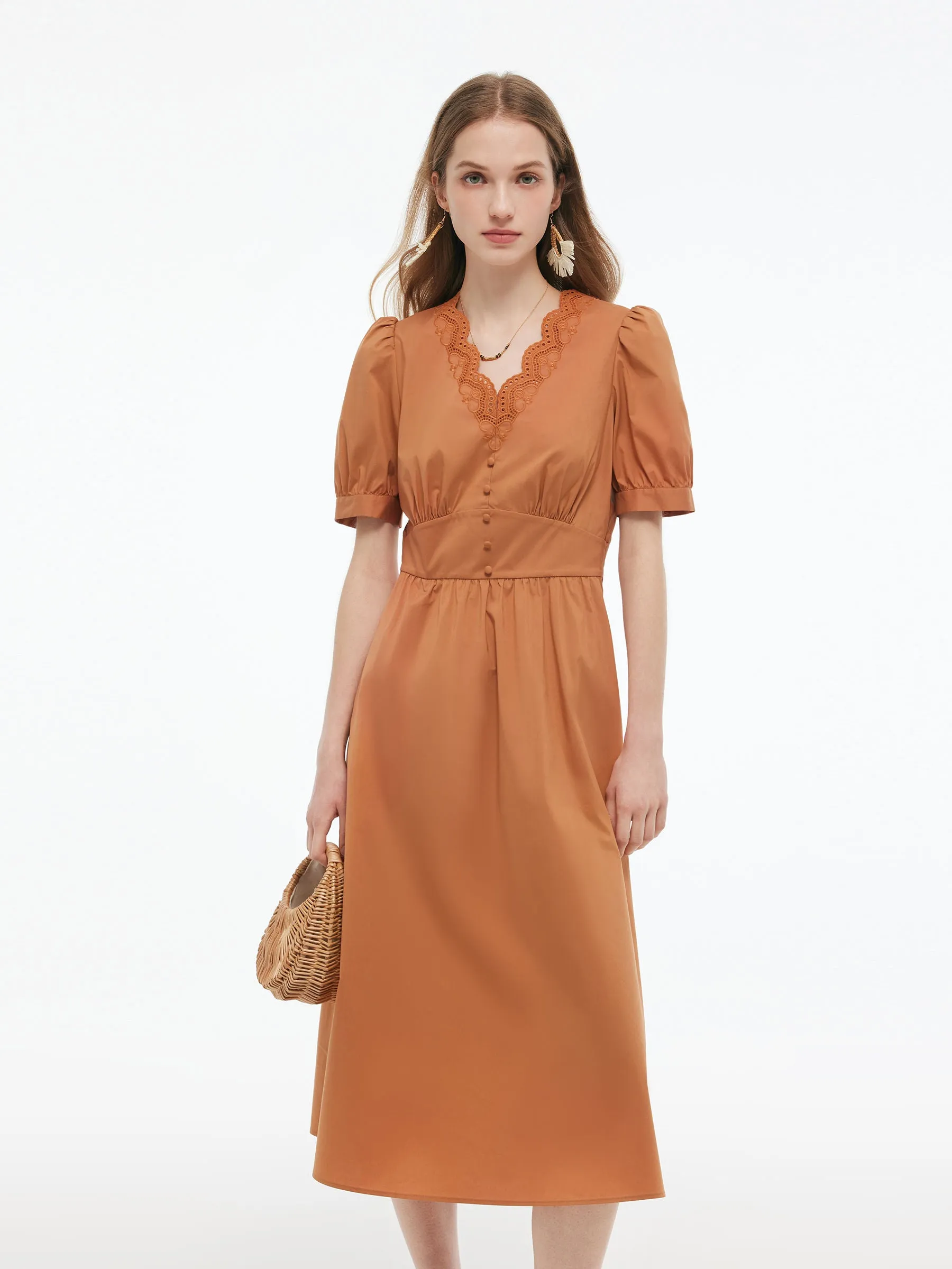 Embroidered Scallop Hem V-Neck Women Gathered Waist Maxi Dress sold by Goelia