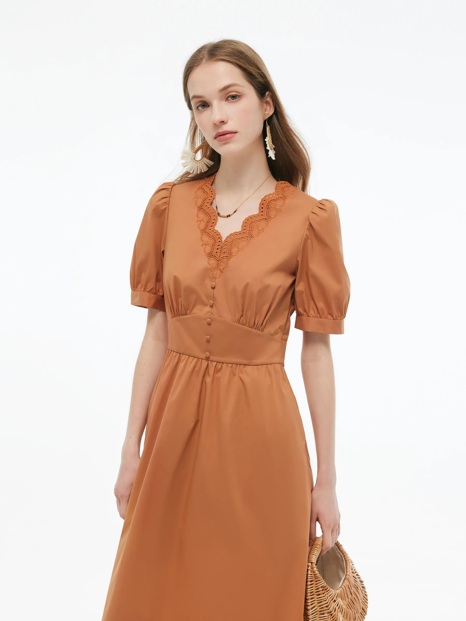 Embroidered Scallop Hem V-Neck Women Gathered Waist Maxi Dress sold by Goelia product image thumbnail 5