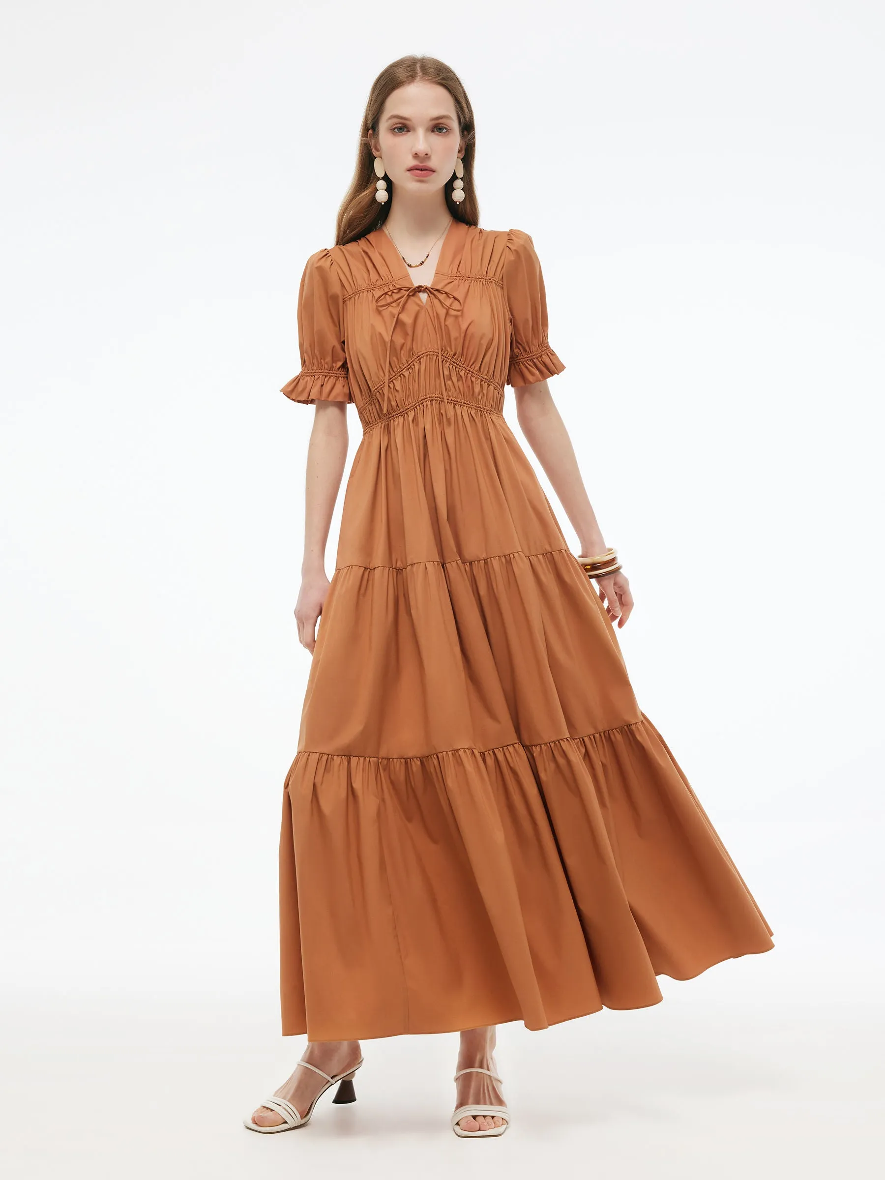 Drawstring Tie Front Women Tiered Maxi Dress sold by Goelia