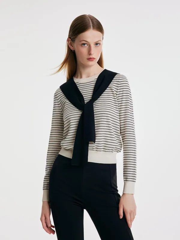 Striped Woolen Women Sweater With Shawl sold by Goelia