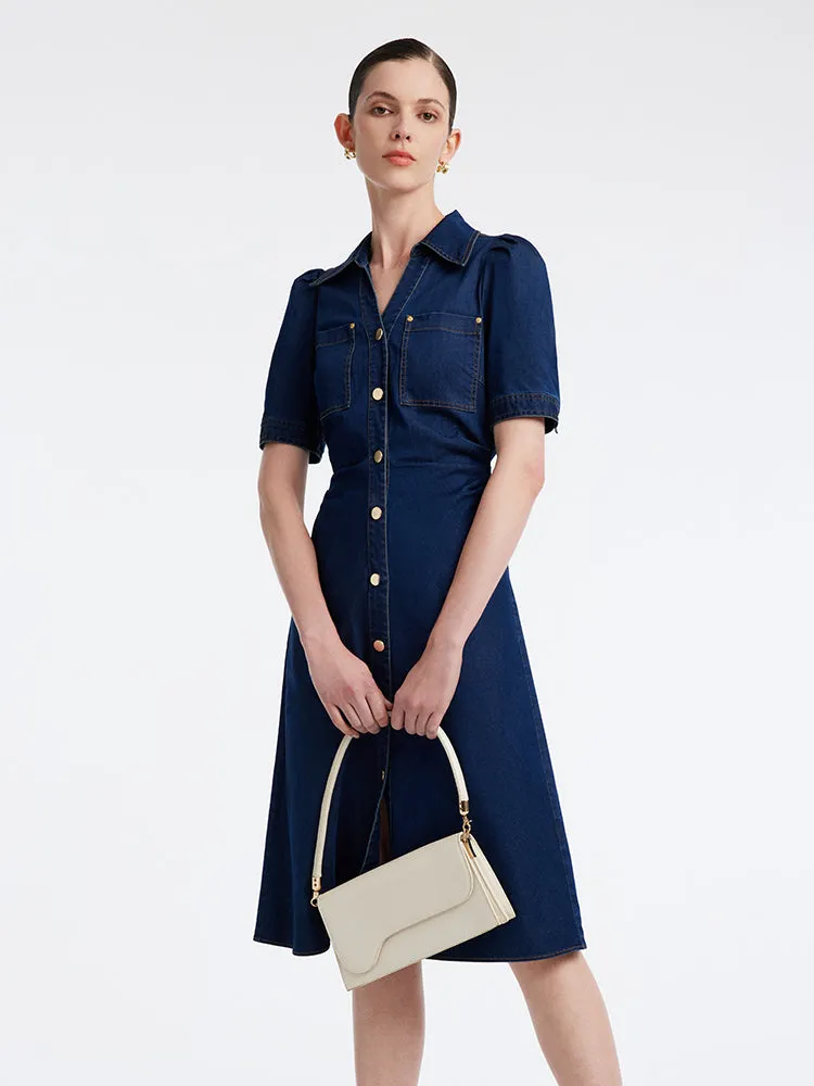 Denim Gathered Waist Pleated V-Neck Midi Dress sold by Goelia product image thumbnail 4