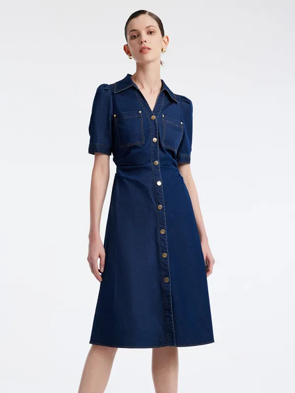 Denim Gathered Waist Pleated V-Neck Midi Dress sold by Goelia