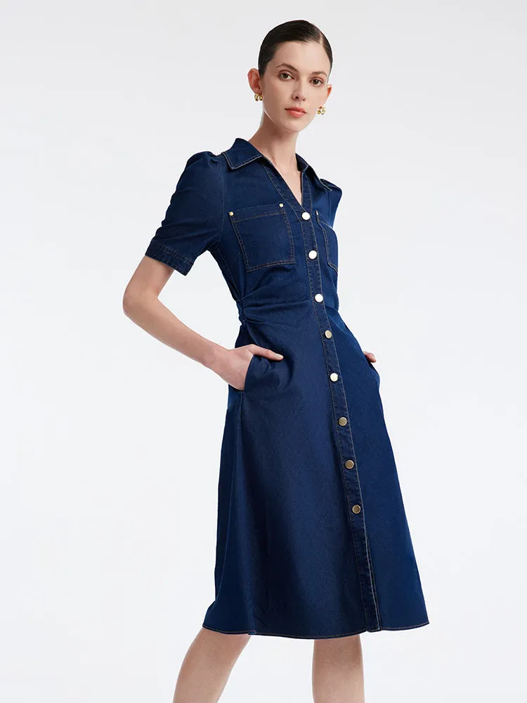 Denim Gathered Waist Pleated V-Neck Midi Dress sold by Goelia product image thumbnail 2