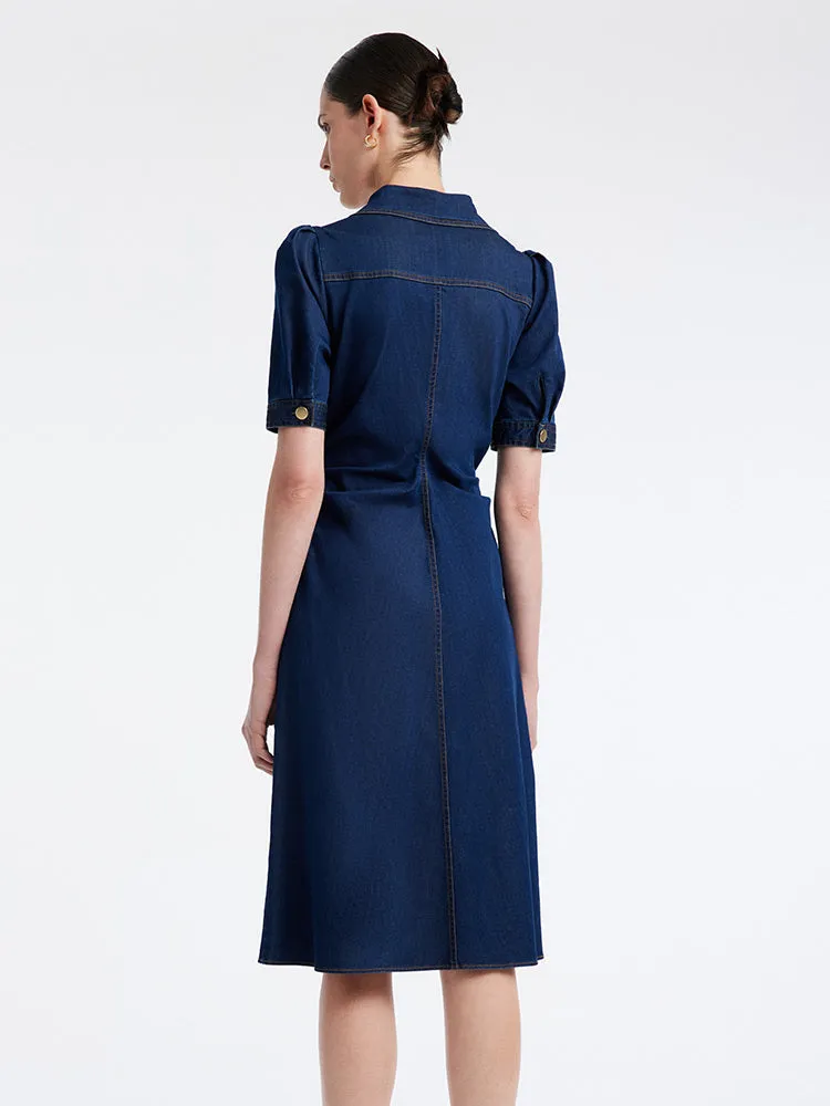 Denim Gathered Waist Pleated V-Neck Midi Dress sold by Goelia product image thumbnail 3