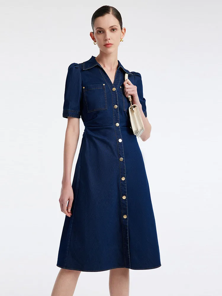 Denim Gathered Waist Pleated V-Neck Midi Dress sold by Goelia product image thumbnail 5