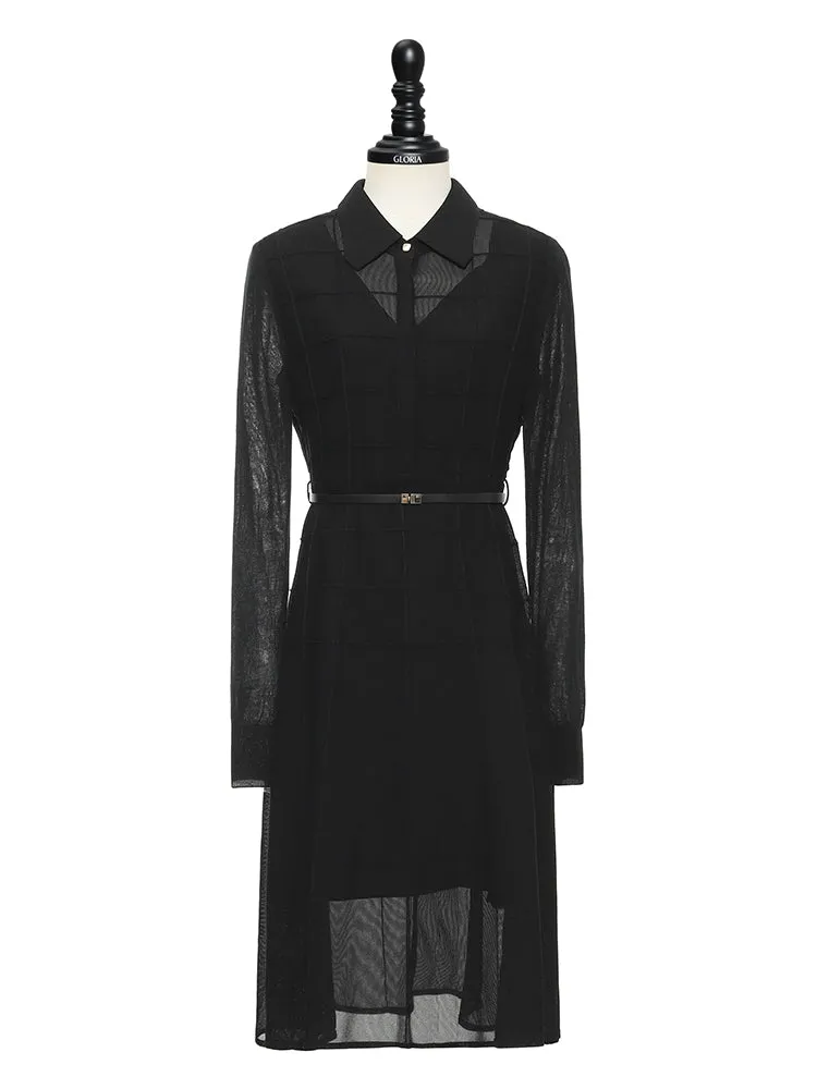 Black Triacetate Tulle Long Sleeve Dress With Belt sold by Goelia product image thumbnail 4