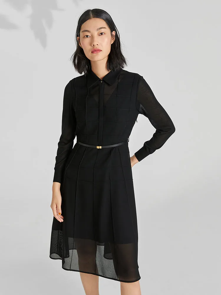 Black Triacetate Tulle Long Sleeve Dress With Belt sold by Goelia