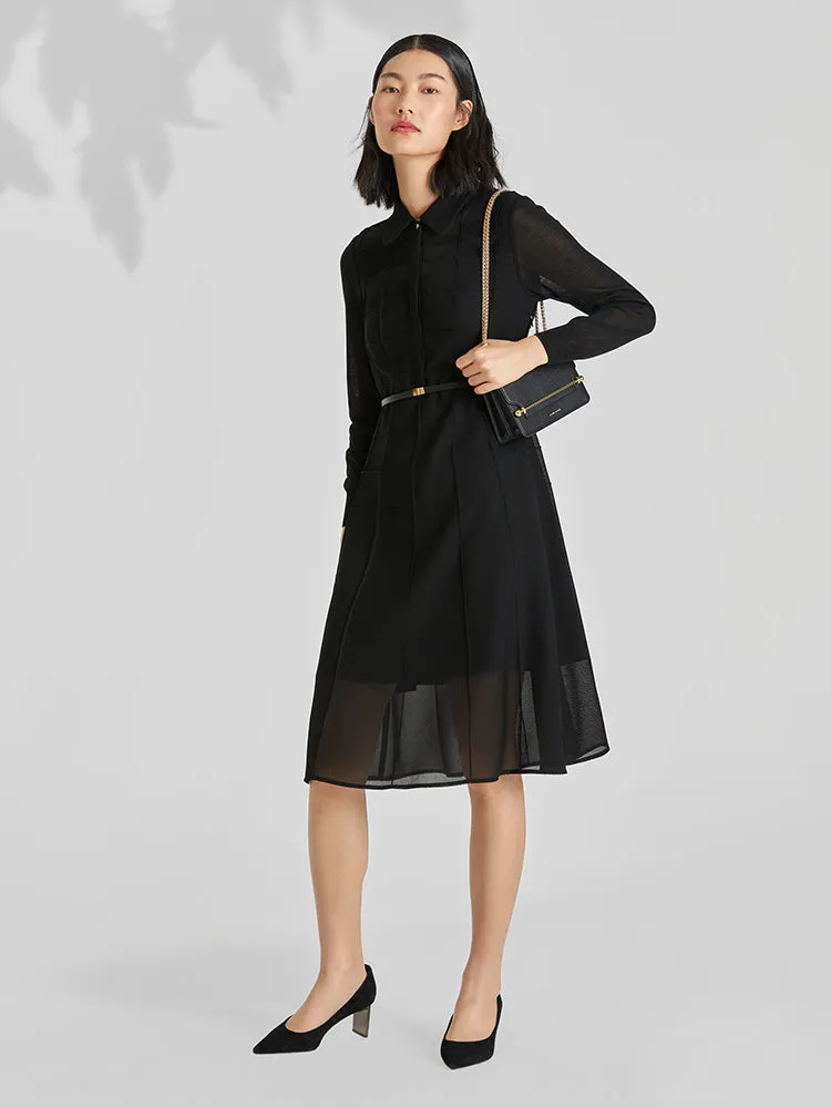 Black Triacetate Tulle Long Sleeve Dress With Belt sold by Goelia product image thumbnail 2