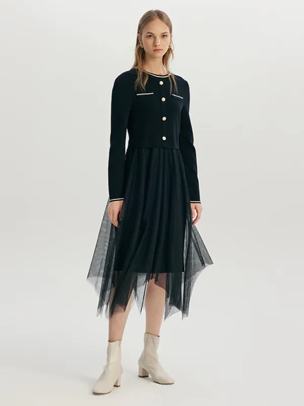 Black Tencel Asymmetrical Tulle Midi Dress sold by Goelia