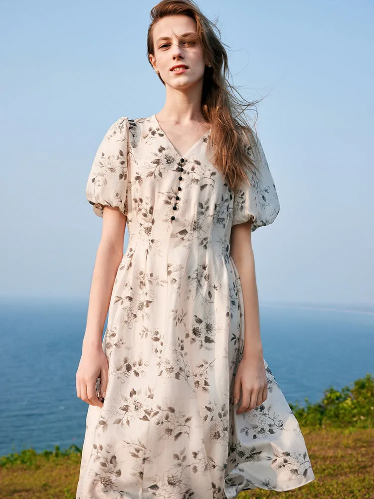 Ink Floral Print Puff Sleeve Midi Dress sold by Goelia product image thumbnail 4