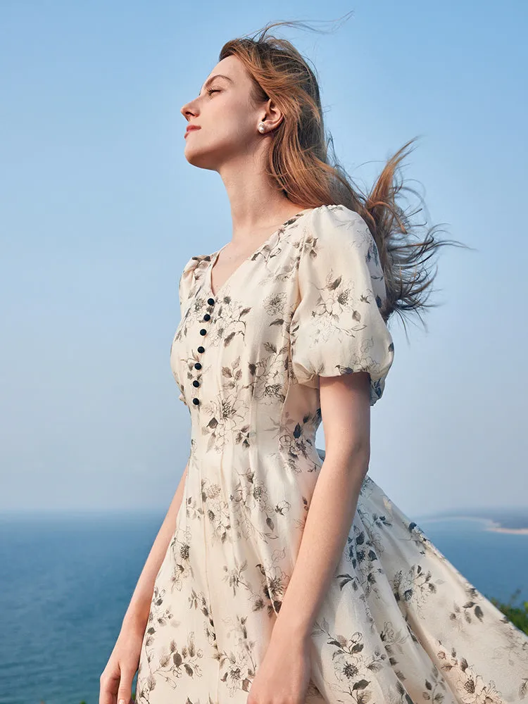 Ink Floral Print Puff Sleeve Midi Dress sold by Goelia product image thumbnail 5