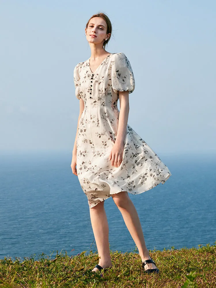 Ink Floral Print Puff Sleeve Midi Dress sold by Goelia