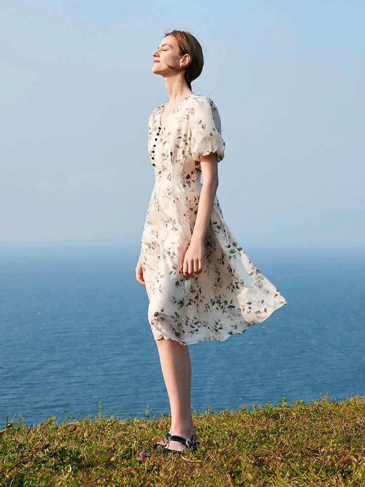 Ink Floral Print Puff Sleeve Midi Dress sold by Goelia product image thumbnail 2