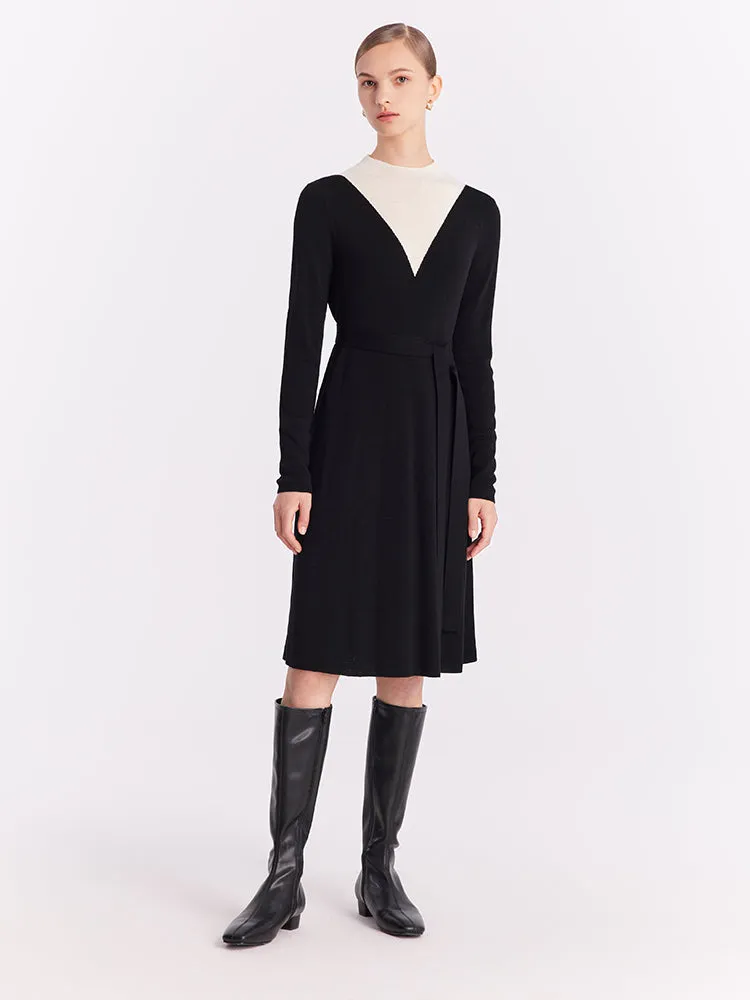 Black And White Patchwork Woolen Midi Dress sold by Goelia