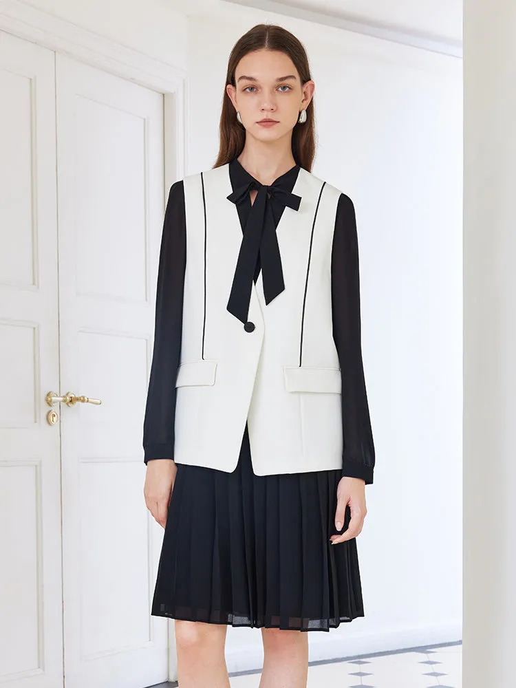White Vest With Black Pleated Dress Two-Piece Set sold by Goelia