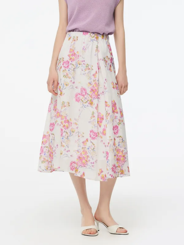 100% Linen Rose Print Women A-Line Skirt sold by Goelia