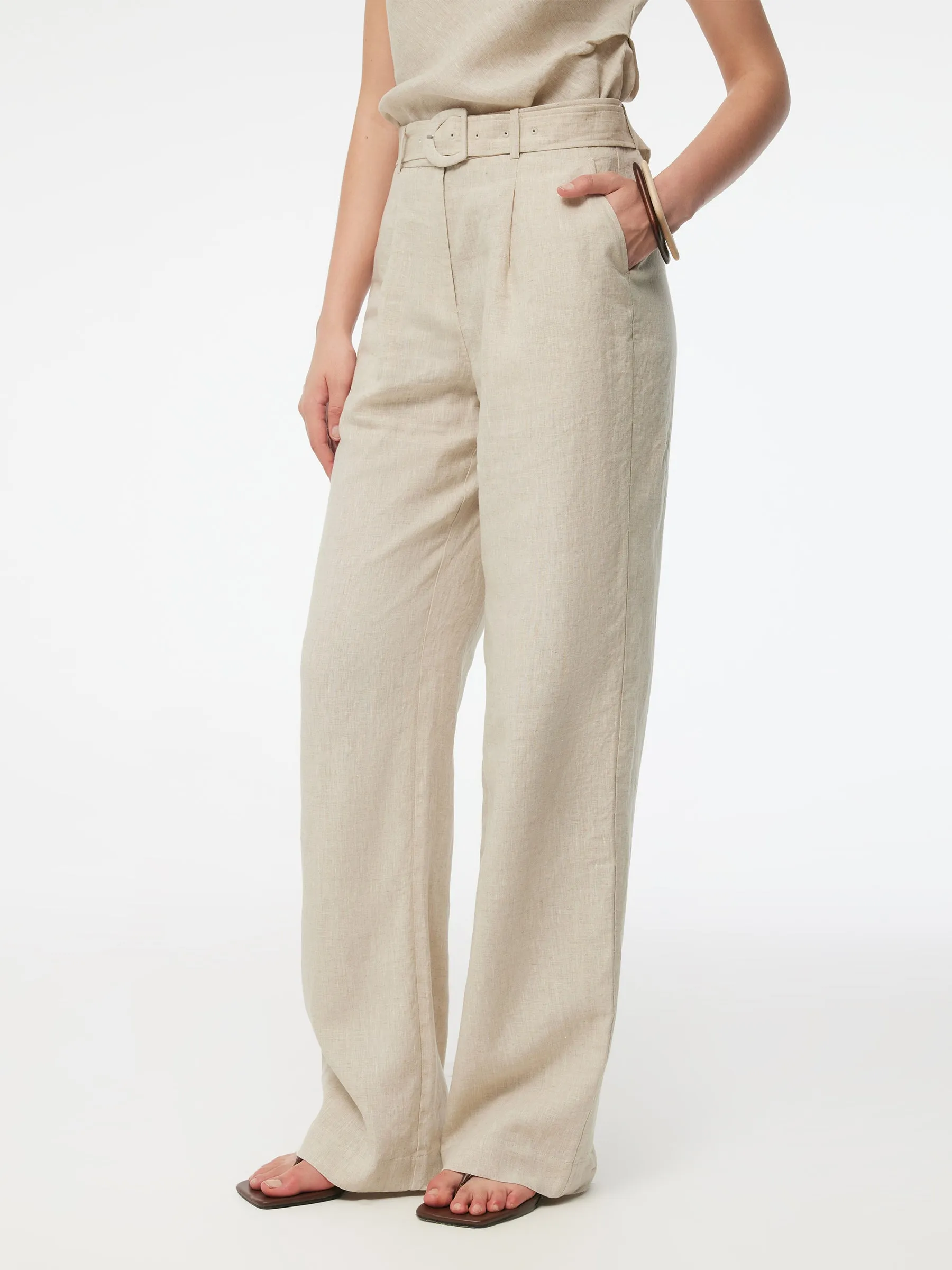 100% Linen Women Straight Leg Pants With Belt sold by Goelia product image thumbnail 4