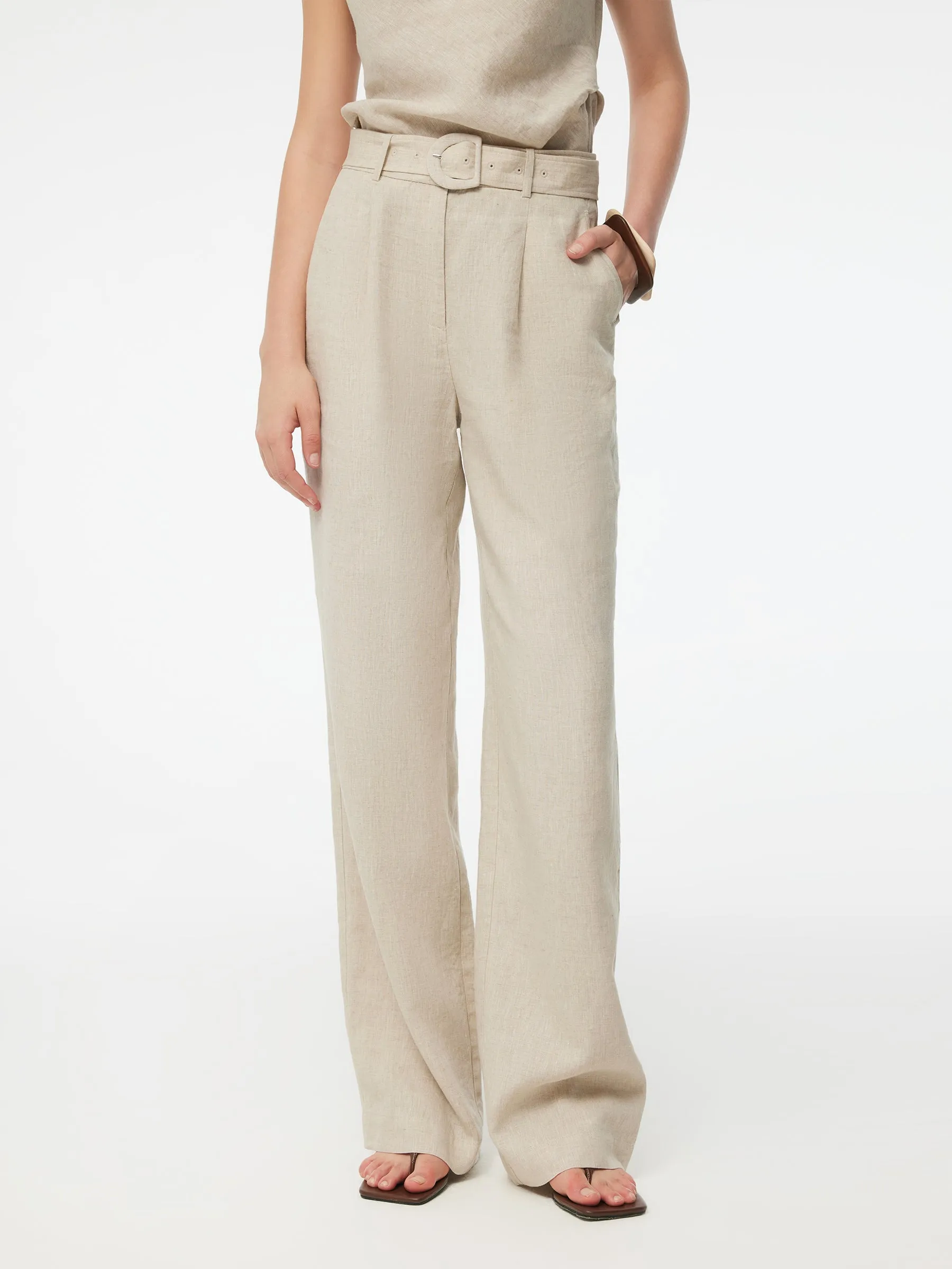 100% Linen Women Straight Leg Pants With Belt sold by Goelia