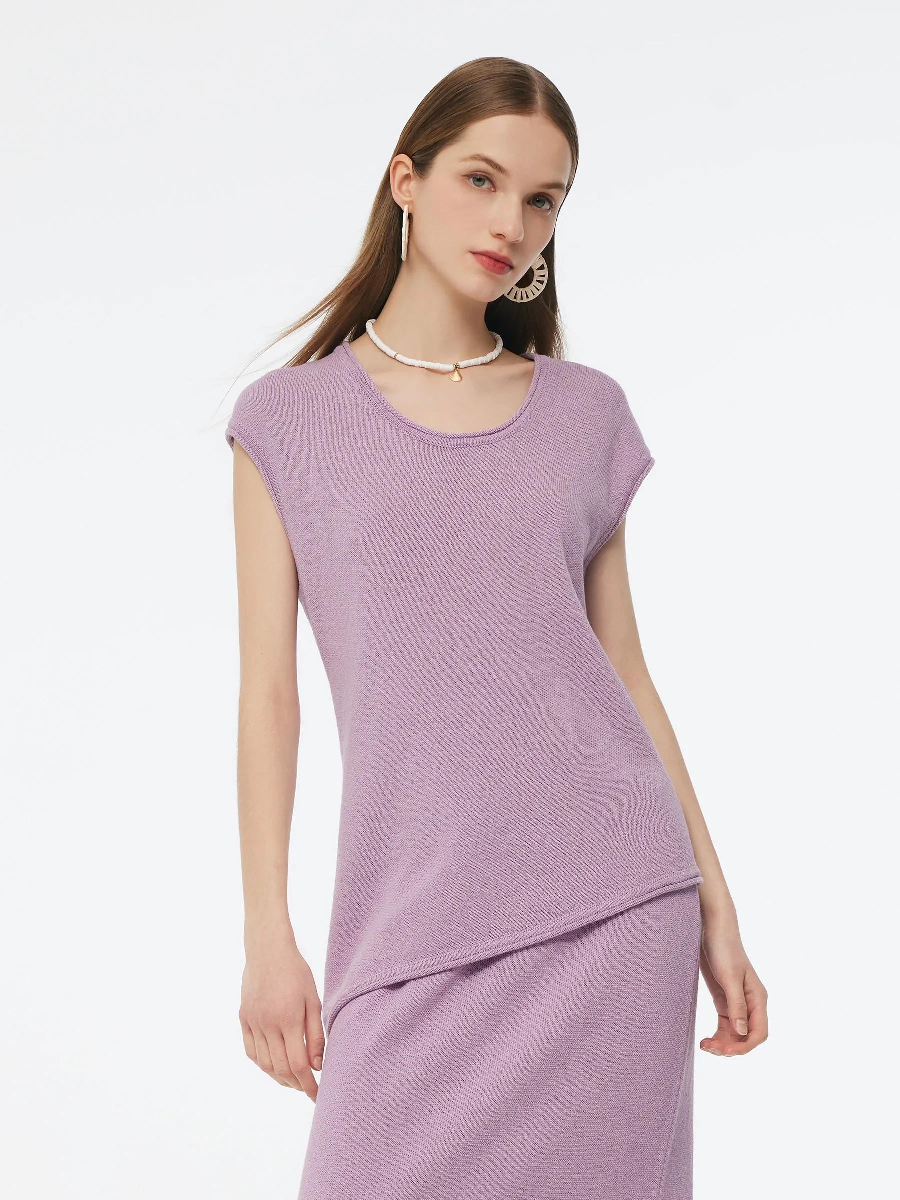 Linen Cotton Blend Asymmetric Hem Women Knit Top sold by Goelia