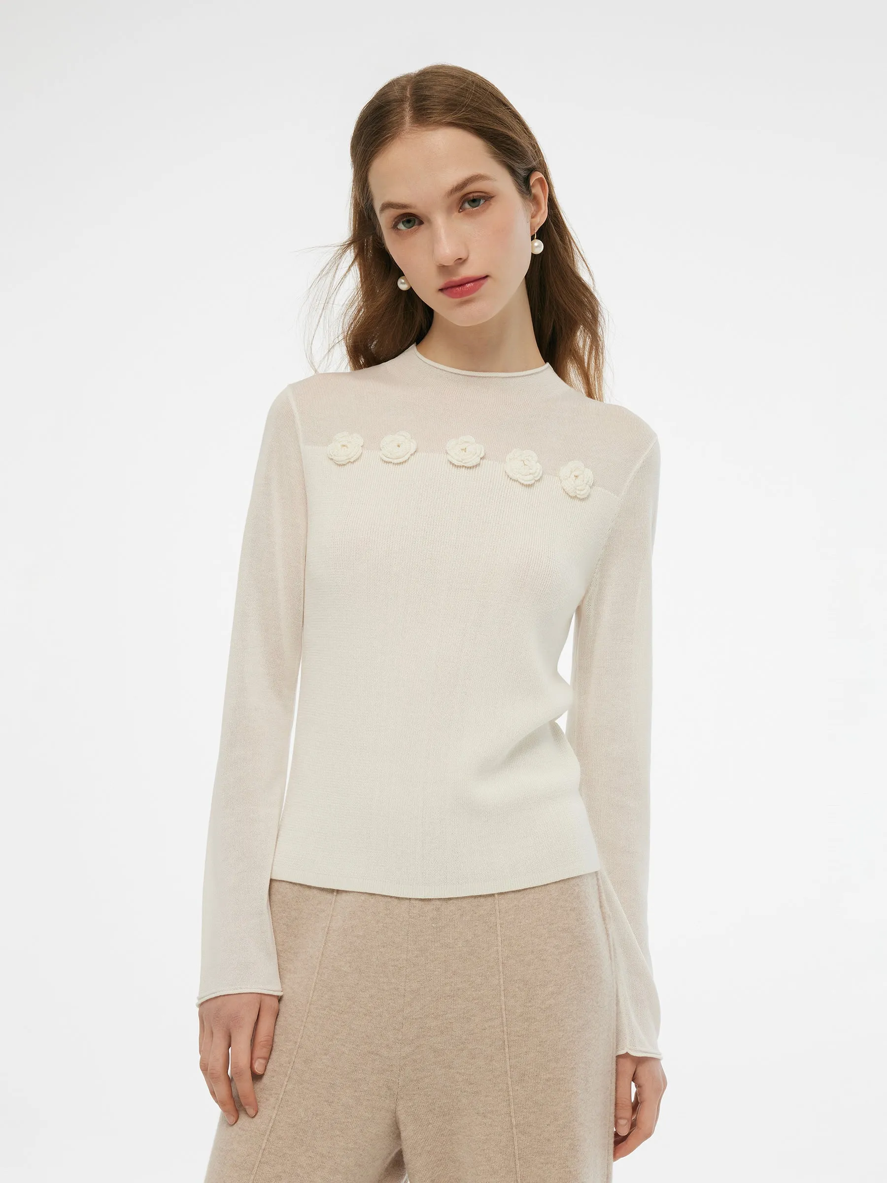 Tencel Wool Blend Women Flower Knit Top sold by Goelia