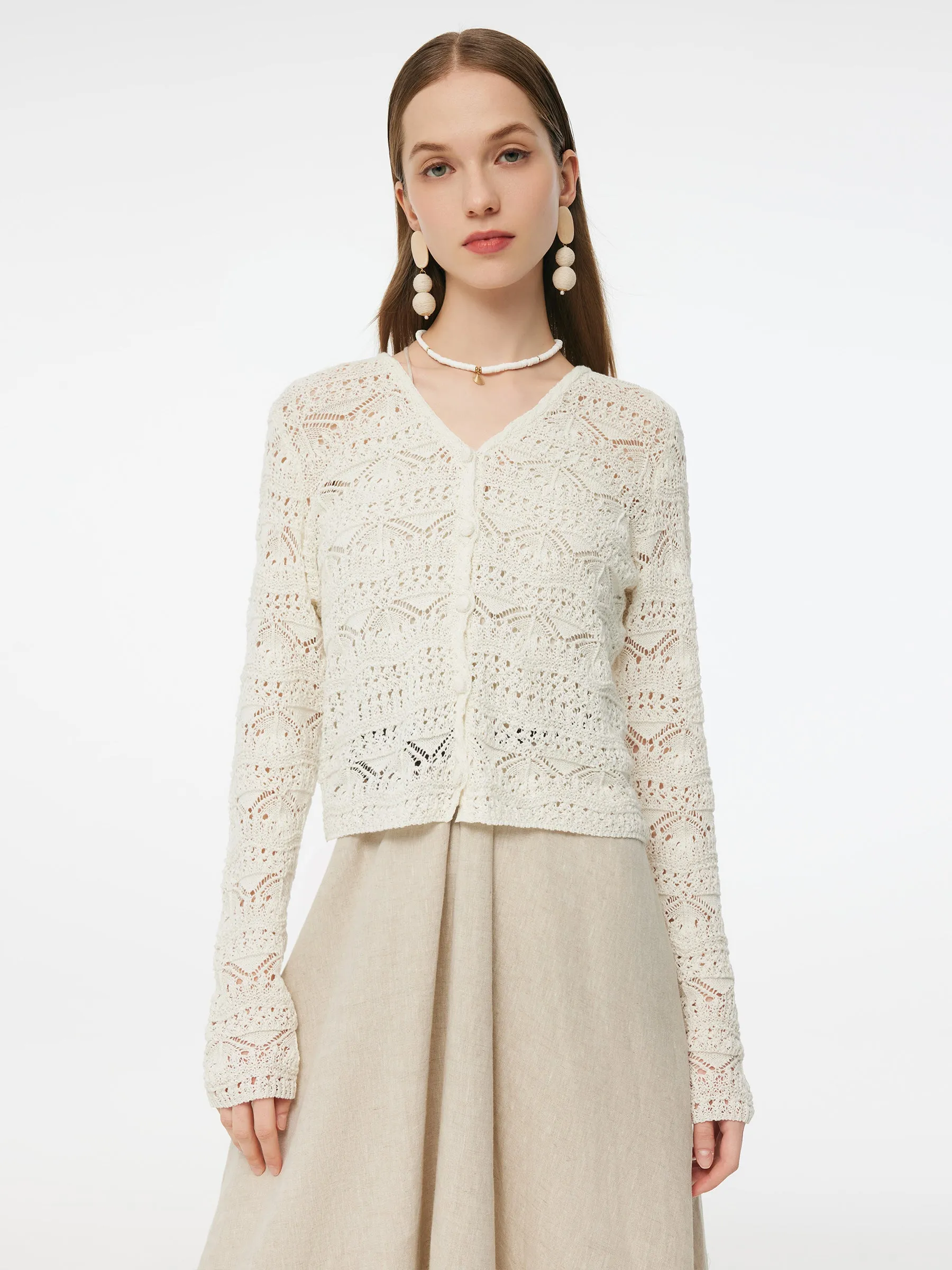 Linen Cotton Blend Women Openwork Cardigan sold by Goelia