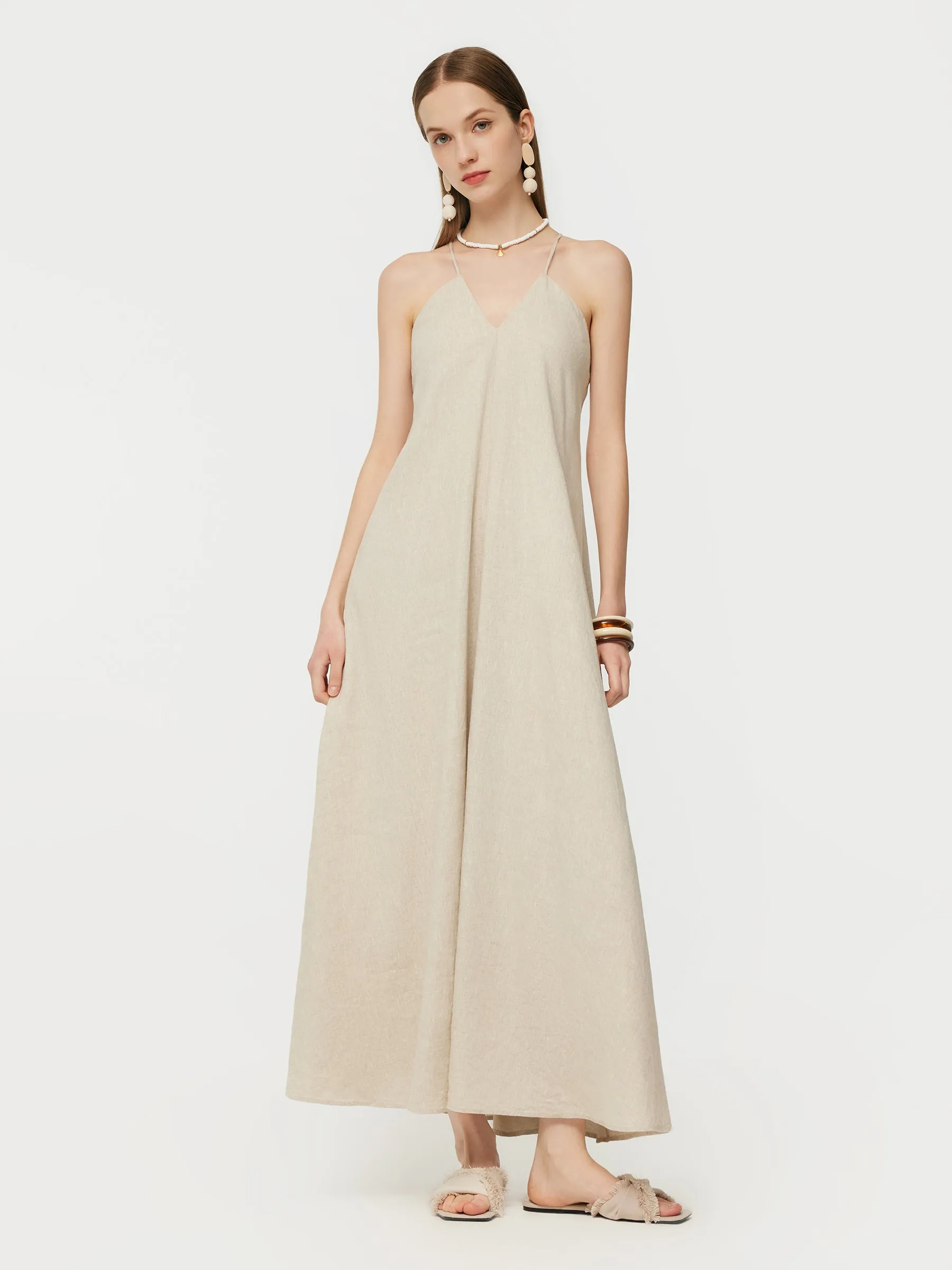 100% Linen Women Backless Strap Maxi Dress sold by Goelia