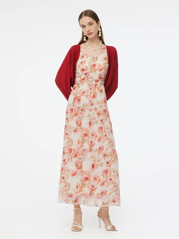 10MM Mulberry Silk Rose Print Strap Maxi Dress And Cardigan Two-Piece Set made by Goelia