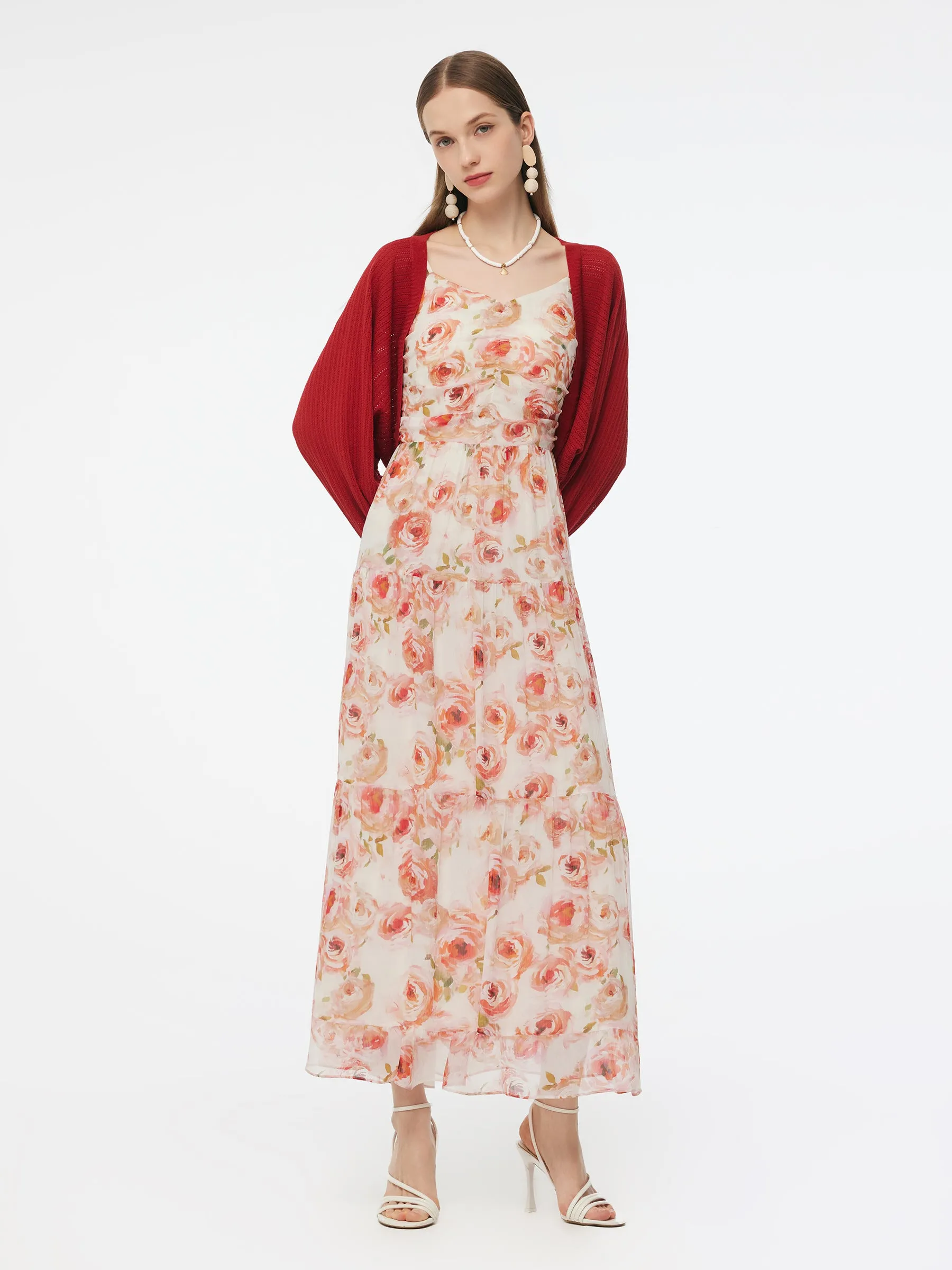10MM Mulberry Silk Rose Print Strap Maxi Dress And Cardigan Two-Piece Set sold by Goelia