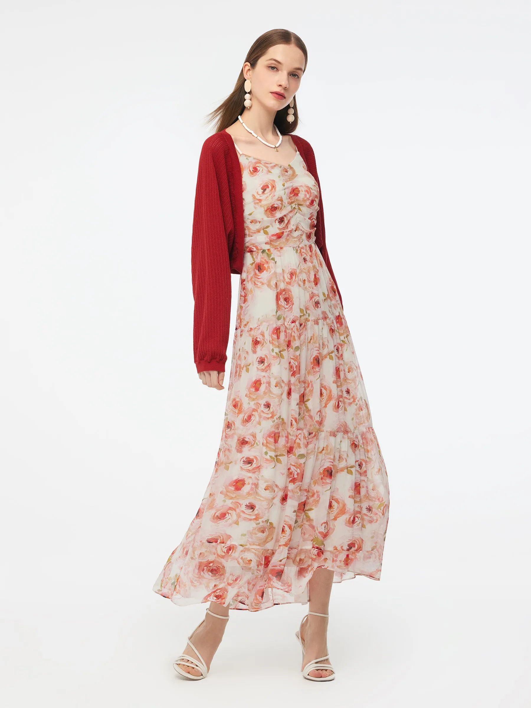10MM Mulberry Silk Rose Print Strap Maxi Dress And Cardigan Two-Piece Set sold by Goelia product image thumbnail 4