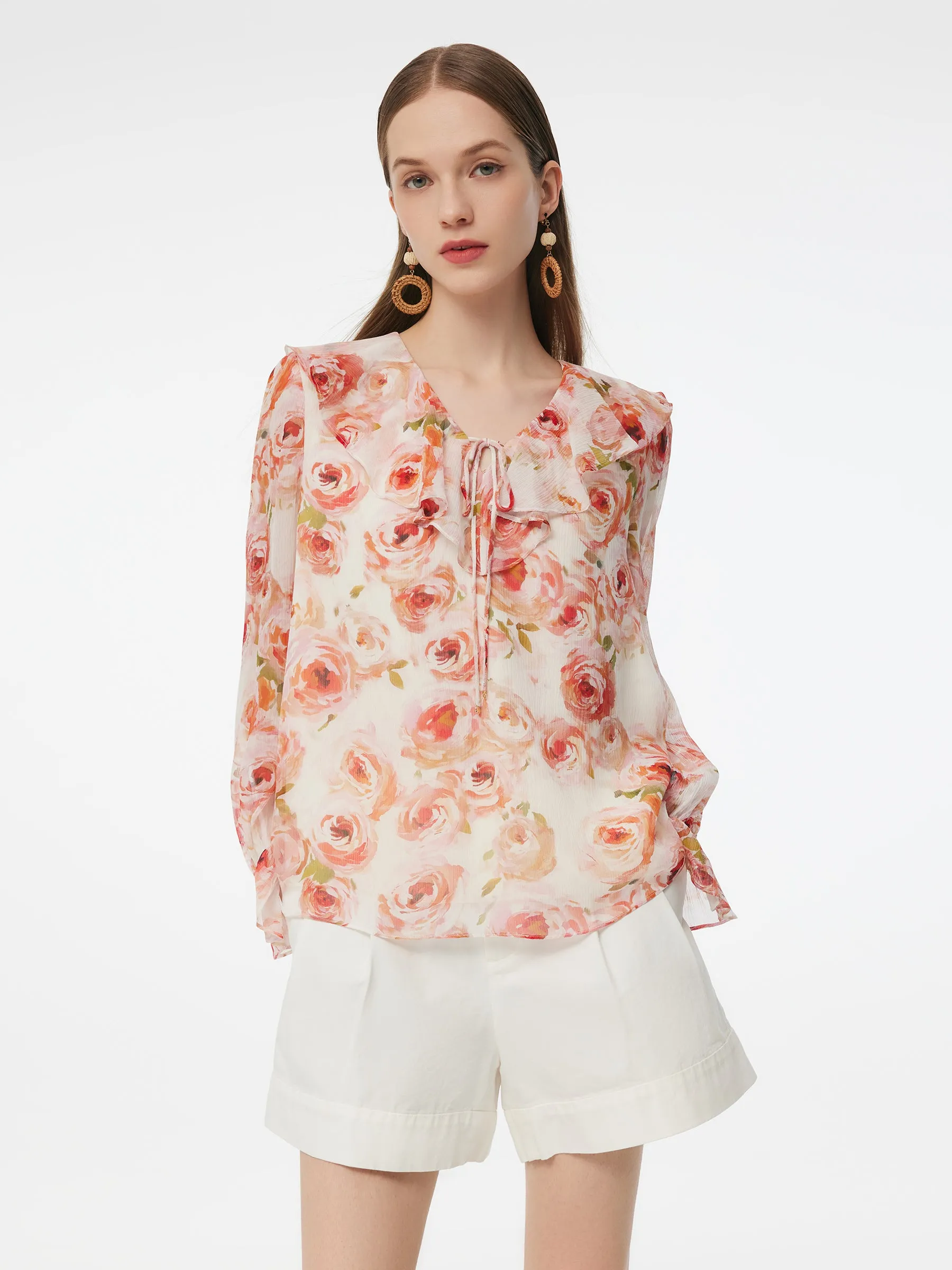 10MM Mulberry Silk Rose Print Tie Front Women Blouse sold by Goelia