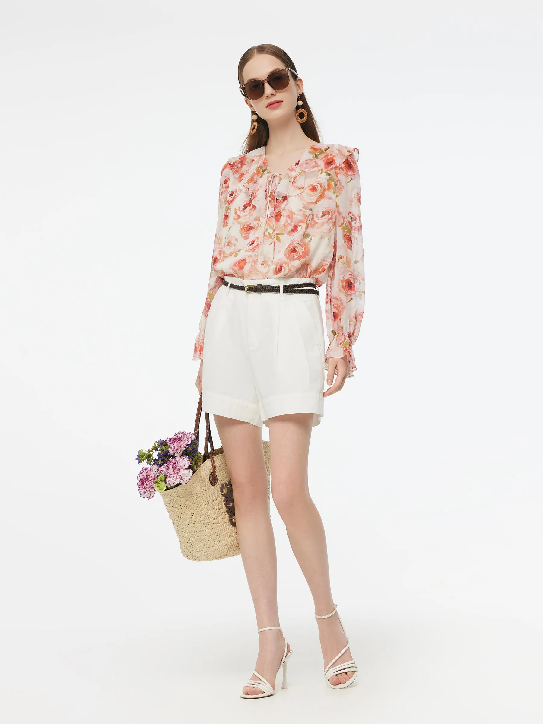 10MM Mulberry Silk Rose Print Tie Front Women Blouse sold by Goelia product image thumbnail 2