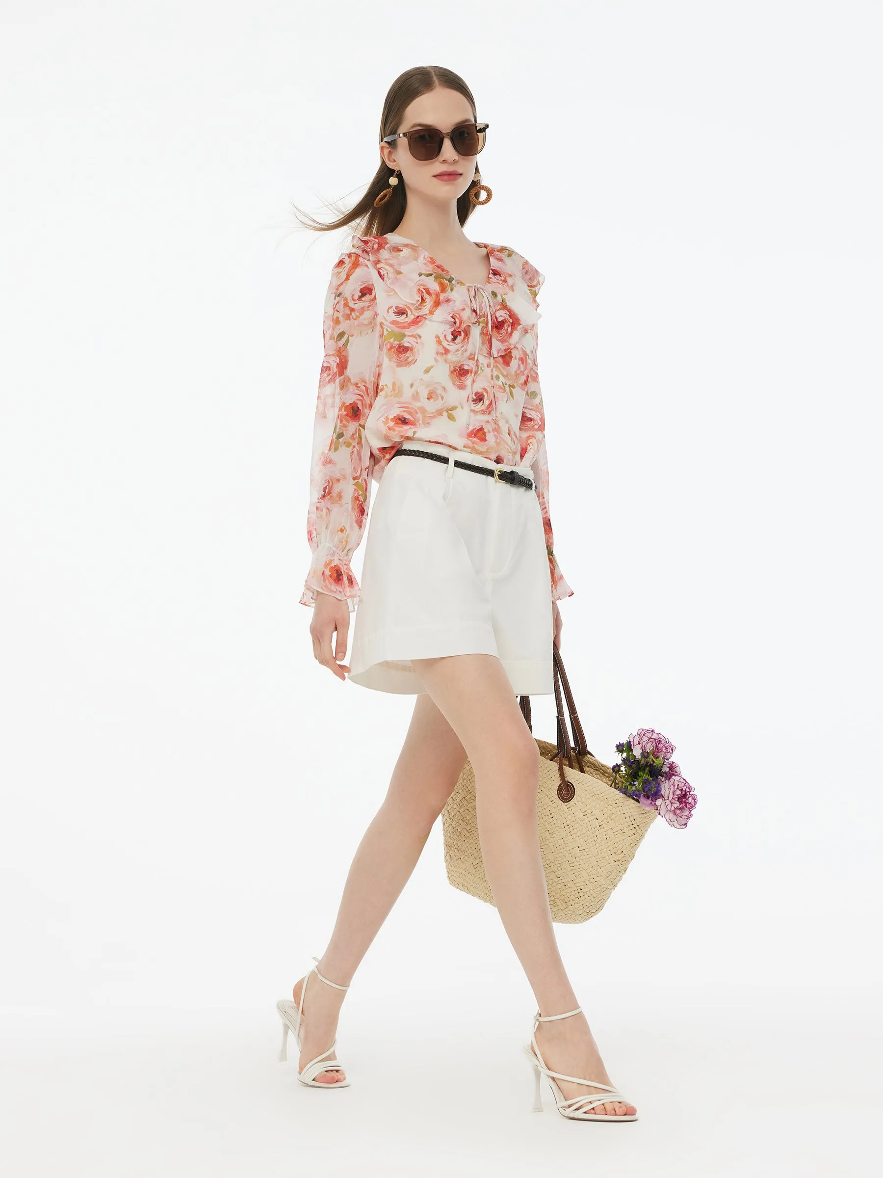 10MM Mulberry Silk Rose Print Tie Front Women Blouse sold by Goelia product image thumbnail 4