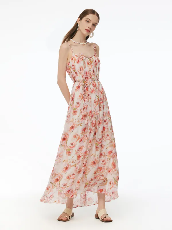 10MM Mulberry Silk Rose Print Women Strap Maxi Dress sold by Goelia