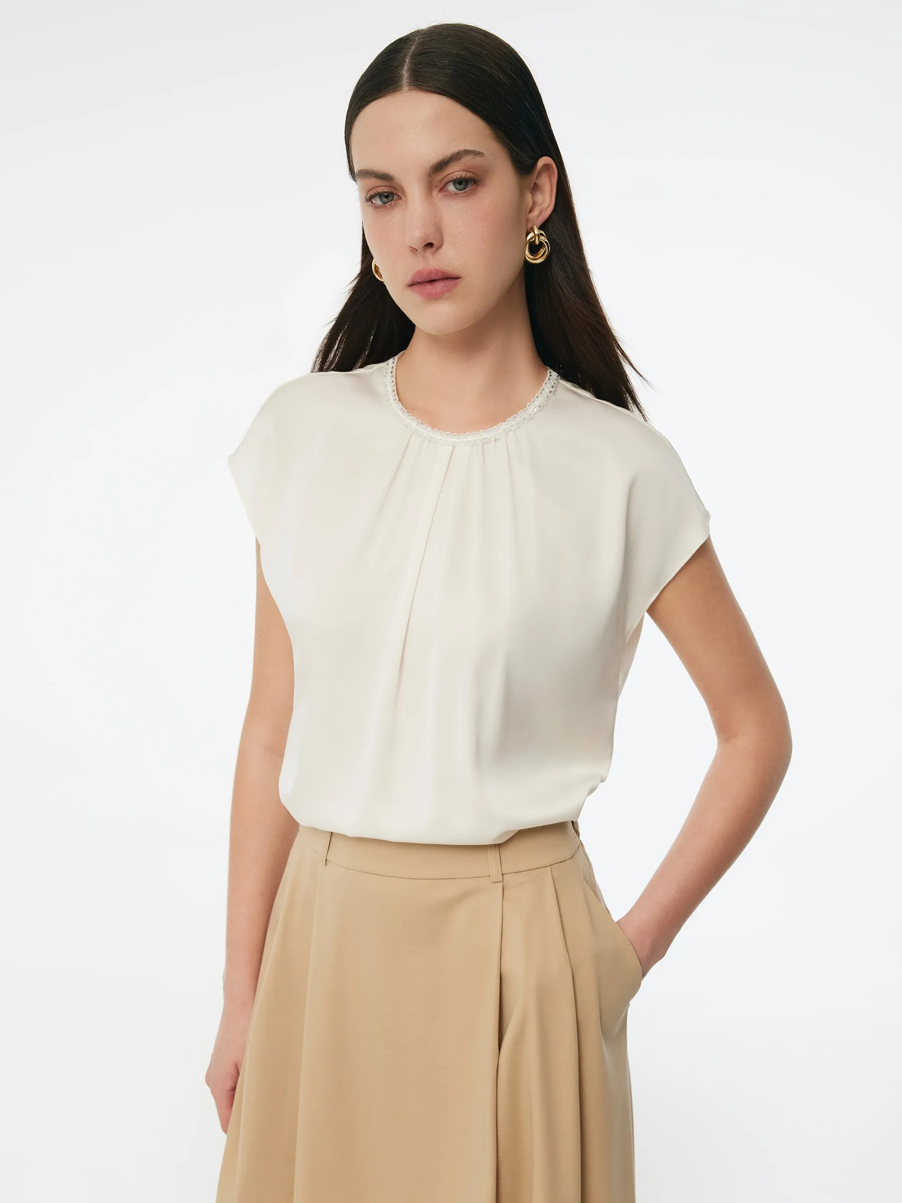 22MM Mulberry Silk Beaded Neck Women Top sold by Goelia