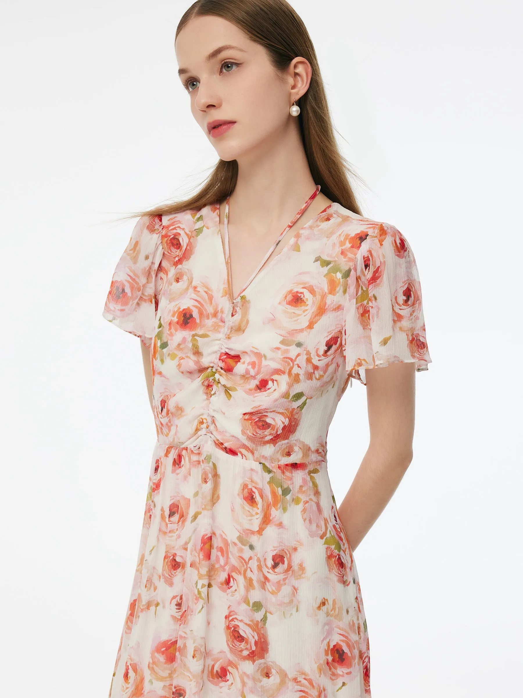 10MM Mulberry Silk Rose Print Smocked Drawstring Front Women Maxi Dress sold by Goelia product image thumbnail 5