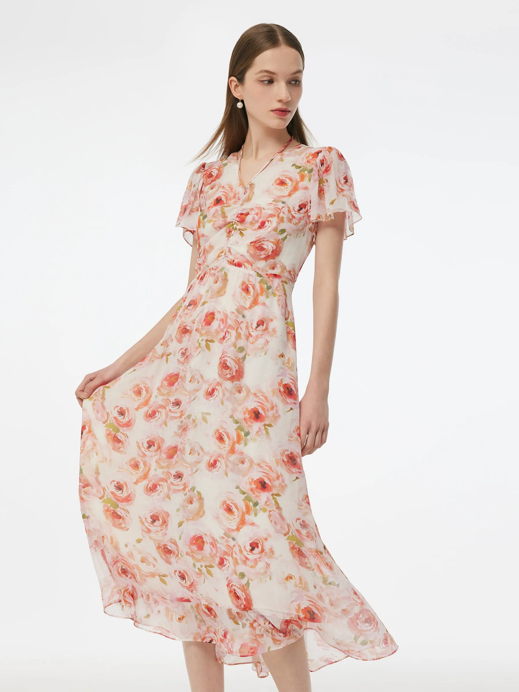 10MM Mulberry Silk Rose Print Smocked Drawstring Front Women Maxi Dress sold by Goelia product image thumbnail 4