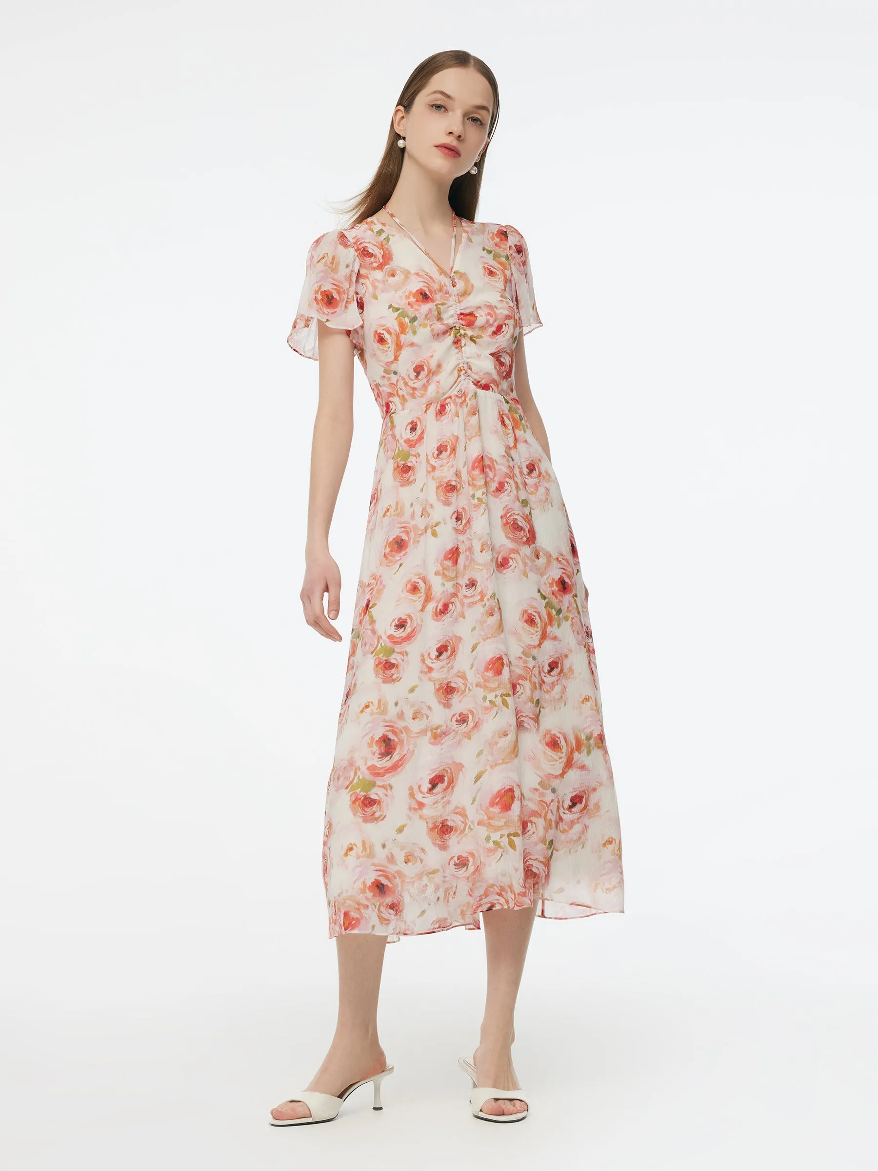 10MM Mulberry Silk Rose Print Smocked Drawstring Front Women Maxi Dress sold by Goelia product image thumbnail 2