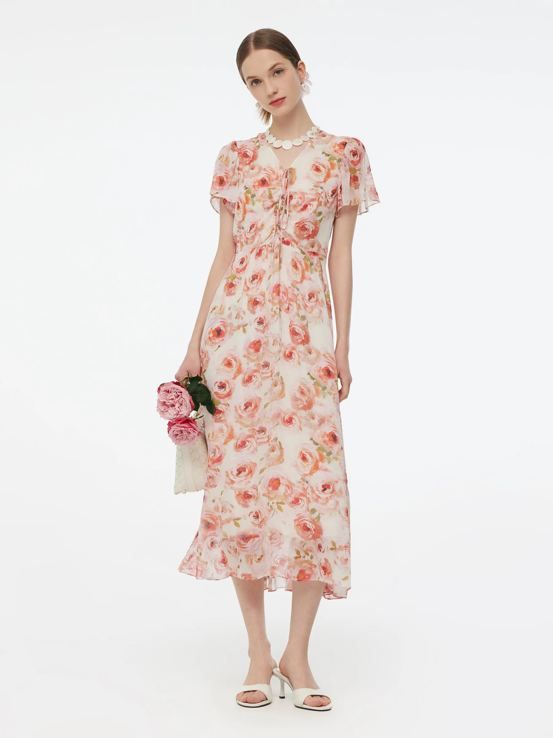 10MM Mulberry Silk Rose Print Smocked Drawstring Front Women Maxi Dress sold by Goelia