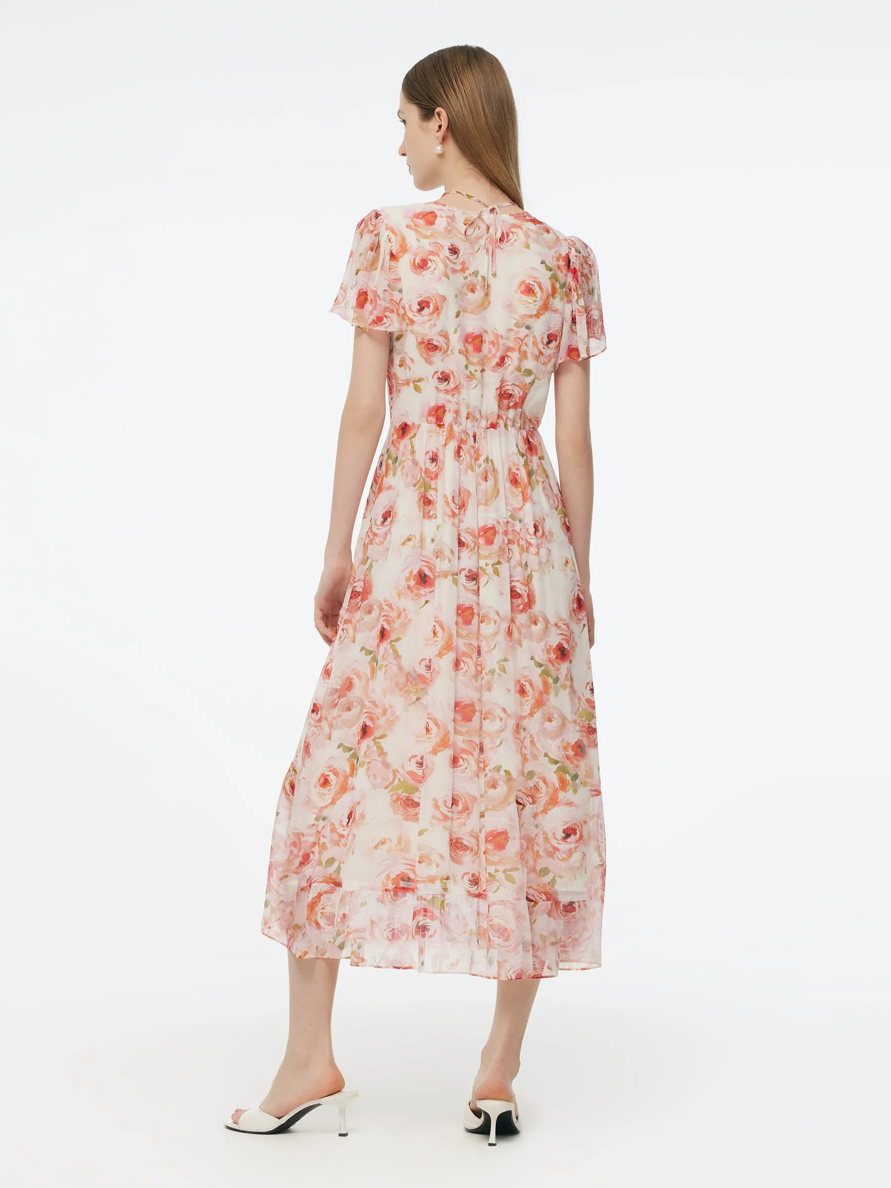 10MM Mulberry Silk Rose Print Smocked Drawstring Front Women Maxi Dress sold by Goelia product image thumbnail 3