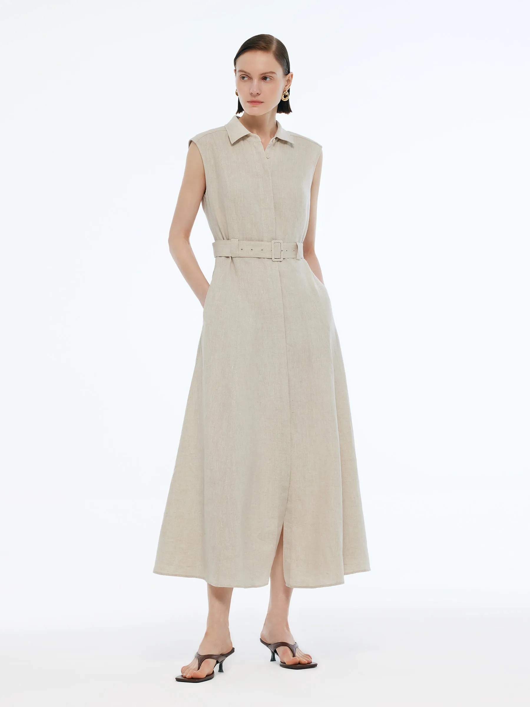 100% Linen Women Vest Maxi Shirt Dress With Belt sold by Goelia product image thumbnail 5