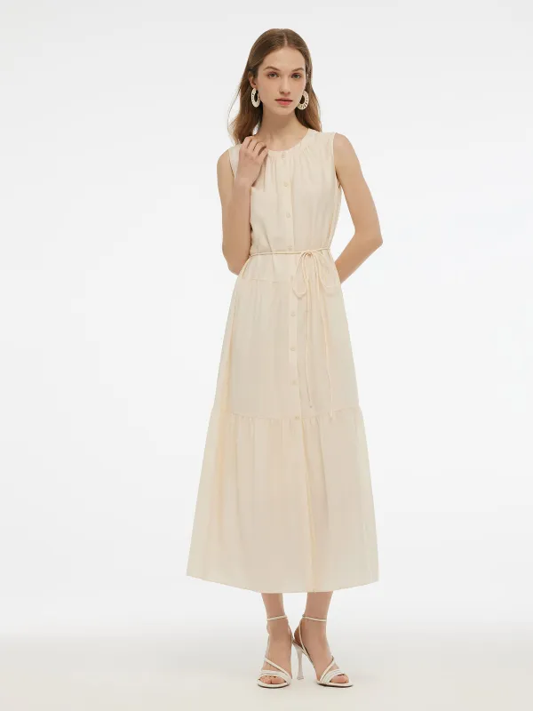 Acetate Blend Loose Fit Women A-Line Maxi Vest Dress With Belt sold by Goelia