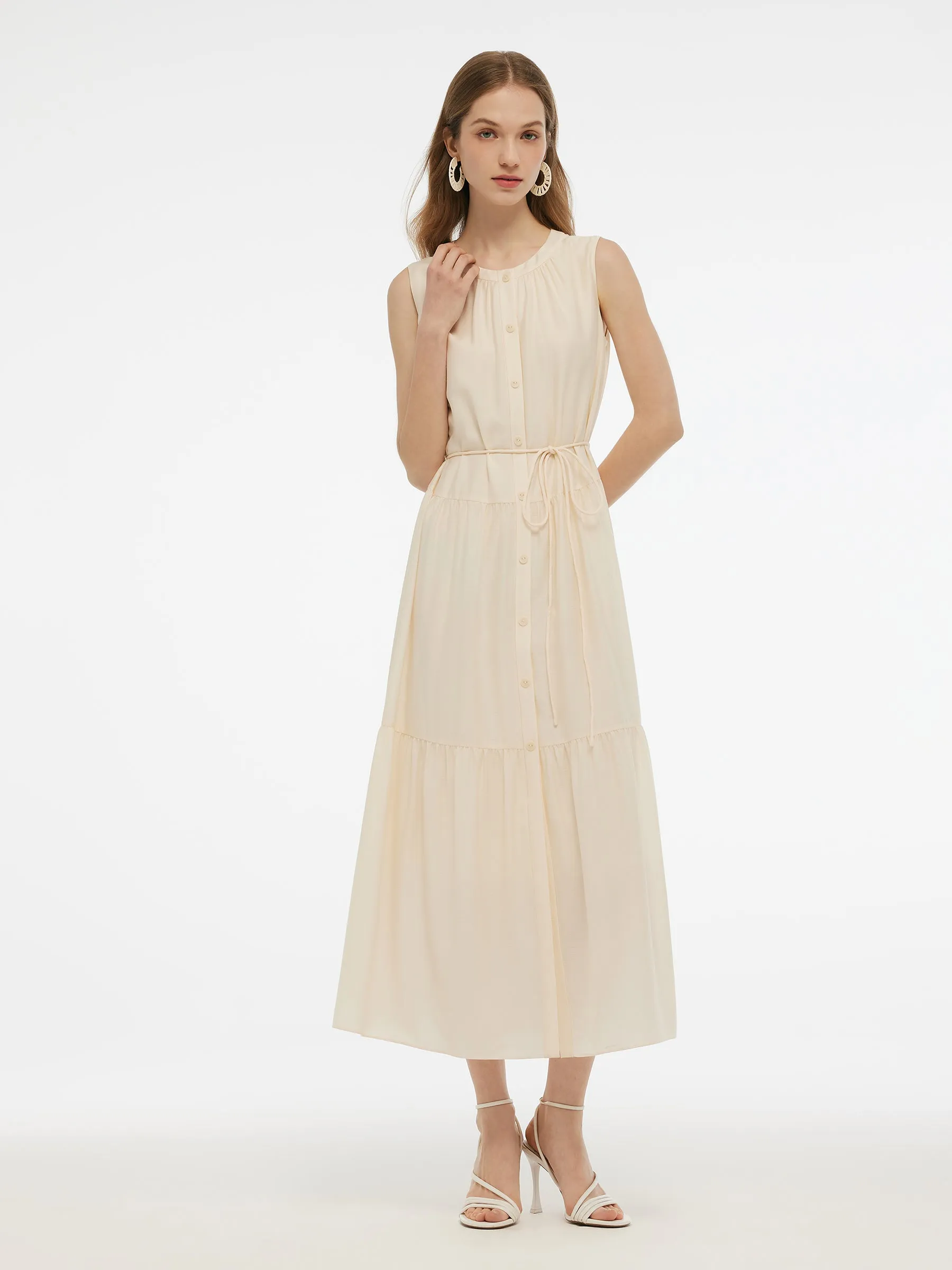 Acetate Blend Loose Fit Women A-Line Maxi Vest Dress With Belt sold by Goelia