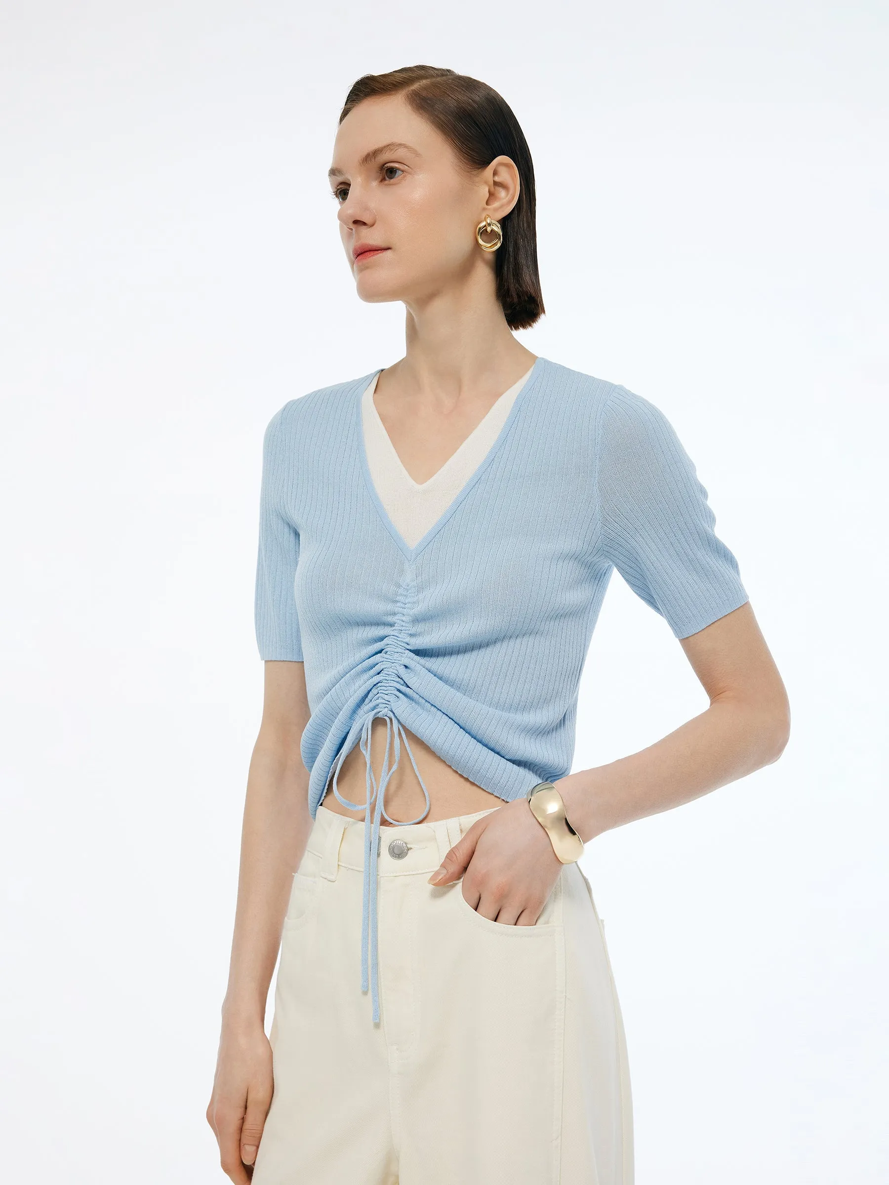 Lyocell Blend Drawstring Women Patchwork Knit Top sold by Goelia