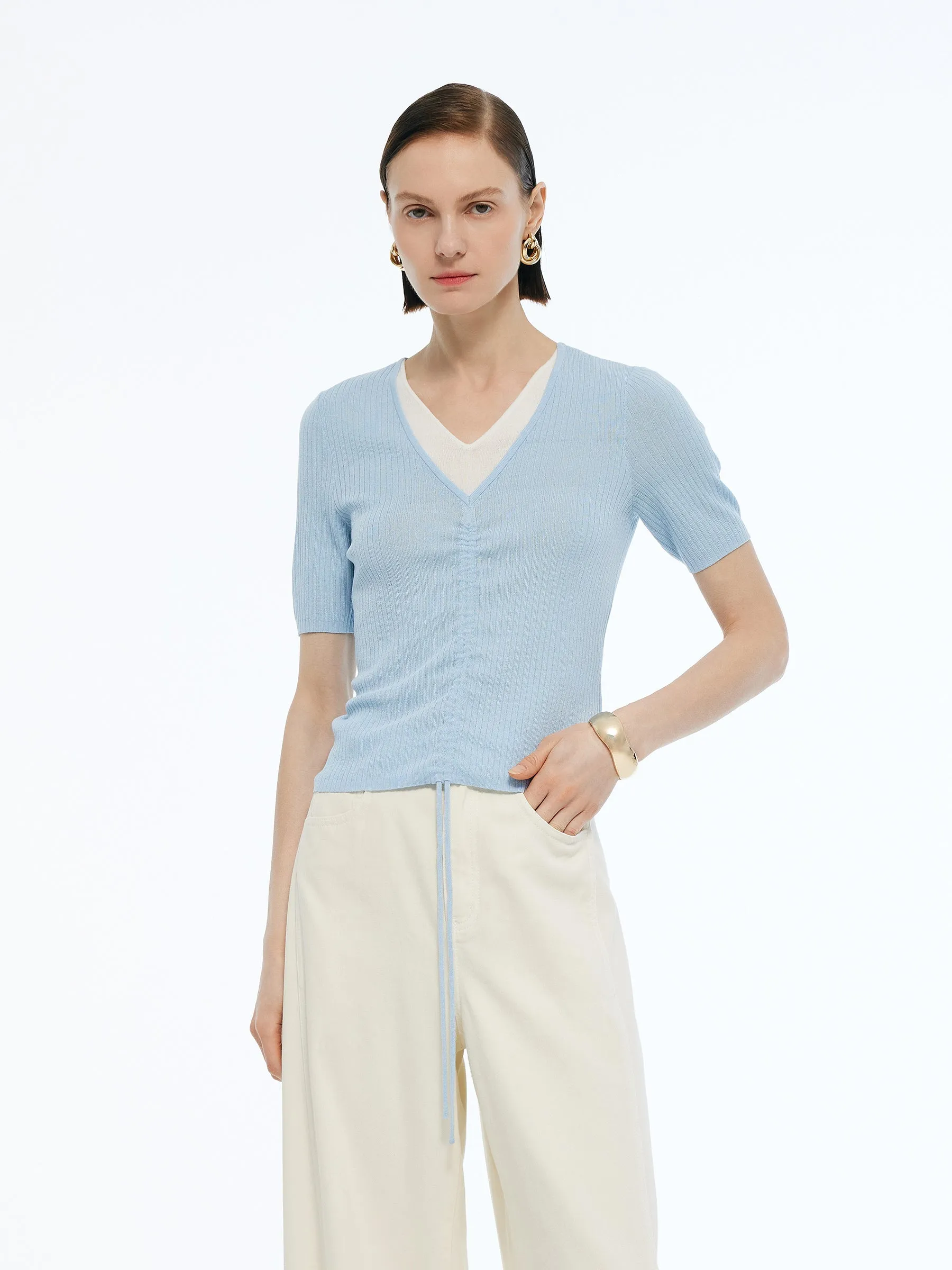 Lyocell Blend Drawstring Women Patchwork Knit Top sold by Goelia product image thumbnail 4