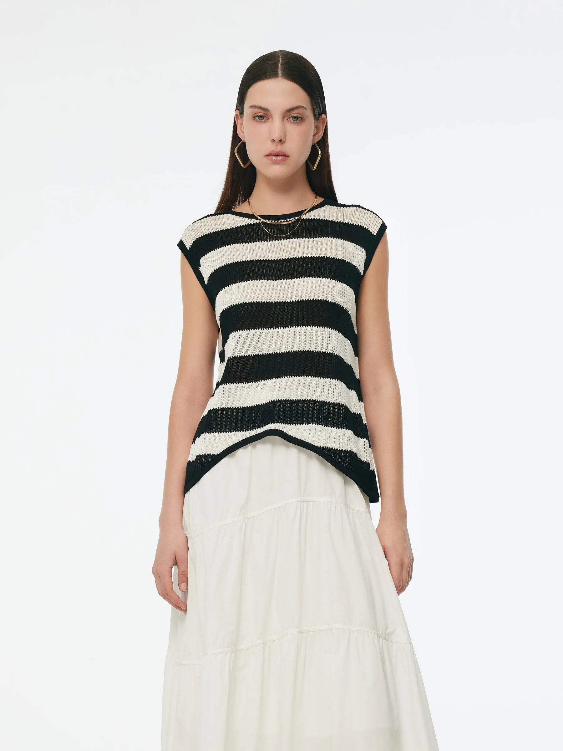 Tencel Blend Stripe Curved Hem Women Knit Tank Top sold by Goelia