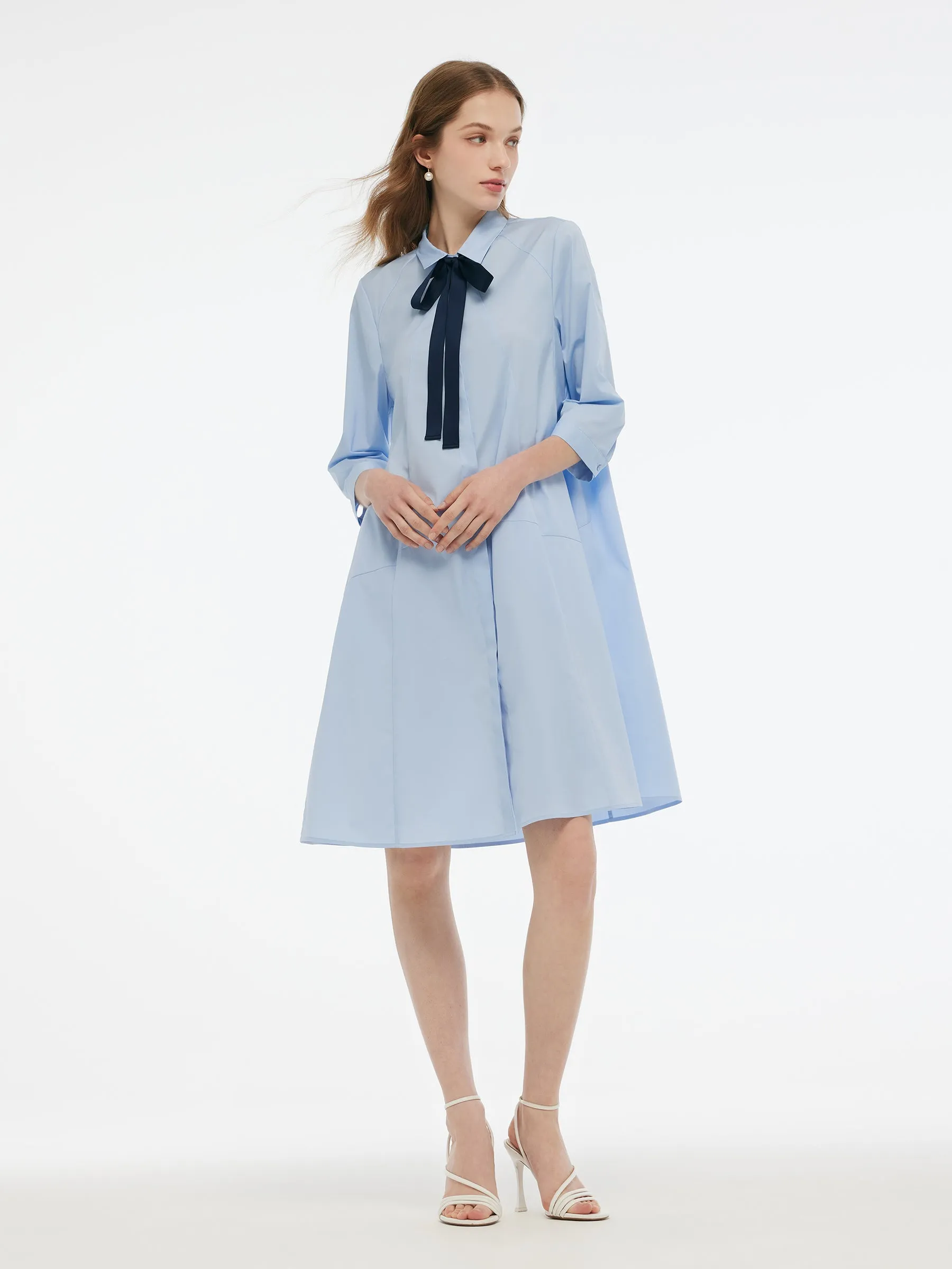 A-Line Button Up Women 3/4 Sleeve Shirt Midi Dress With Ribbon sold by Goelia product image thumbnail 2