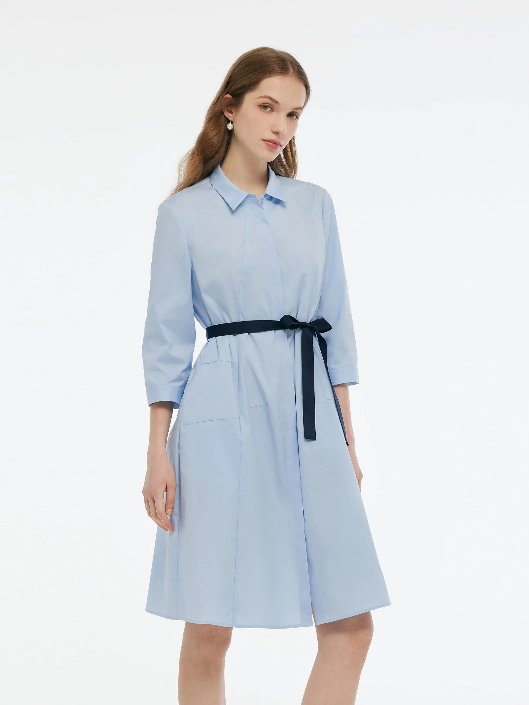 A-Line Button Up Women 3/4 Sleeve Shirt Midi Dress With Ribbon sold by Goelia product image thumbnail 4