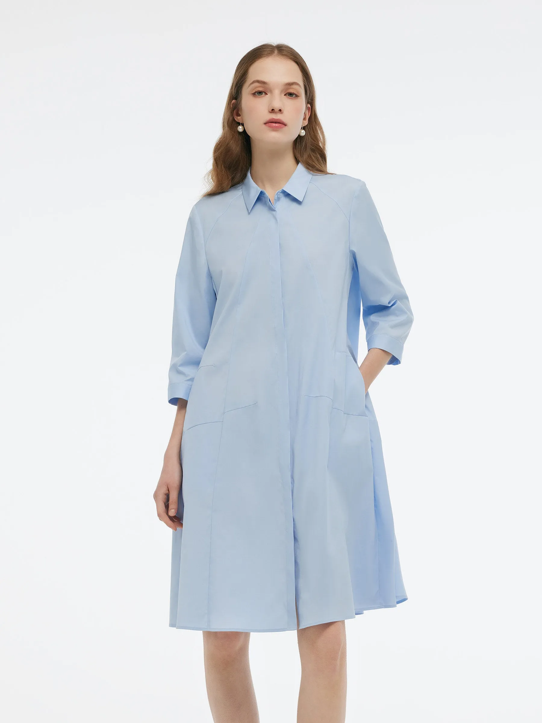 A-Line Button Up Women 3/4 Sleeve Shirt Midi Dress With Ribbon sold by Goelia product image thumbnail 5