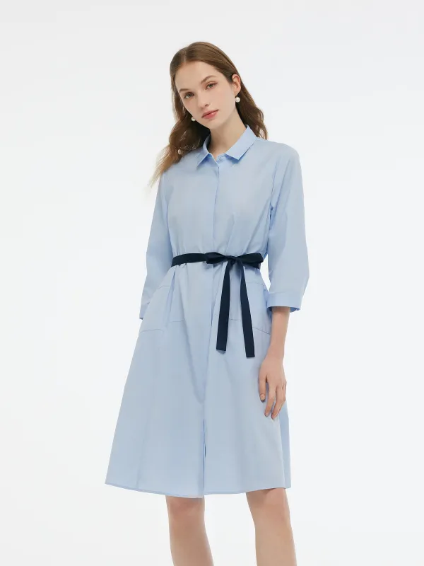 A-Line Button Up Women 3/4 Sleeve Shirt Midi Dress With Ribbon sold by Goelia